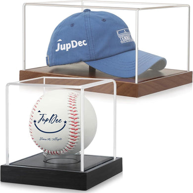 JupDec Baseball & Hat Display Case with Wood Stand, Clear Acrylic Game Ball Holder Showcase, UV Protection Souvenirs and Collectibles Box, Ideal Gift for Autograph Single MLB Ball