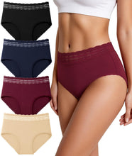 Load image into Gallery viewer, Cotton Underwear for Women High Waisted Lace Panties 4 Pack | Full Coverage Briefs, Soft Lace Waistband, Breathable Fabric, Tagless Design, Ideal for Daily Wear, Travel, and Relaxation