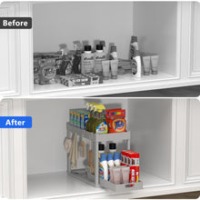 Load image into Gallery viewer, 2PC Under Sink Organizer Rack 2 Tier Under Sliding Cabinet Basket Organizer Drawer with 4 Hooks, Multi-purpose Under Sink Storage for Bathroom Kitchen Desktop（Black）