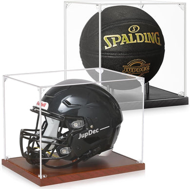 JupDec Basketball & Full Size Helmet Display Case, Large Clear Acrylic Shadow Box with UV Protection Wooden Showcase,Idea Gift for Sports Fans
