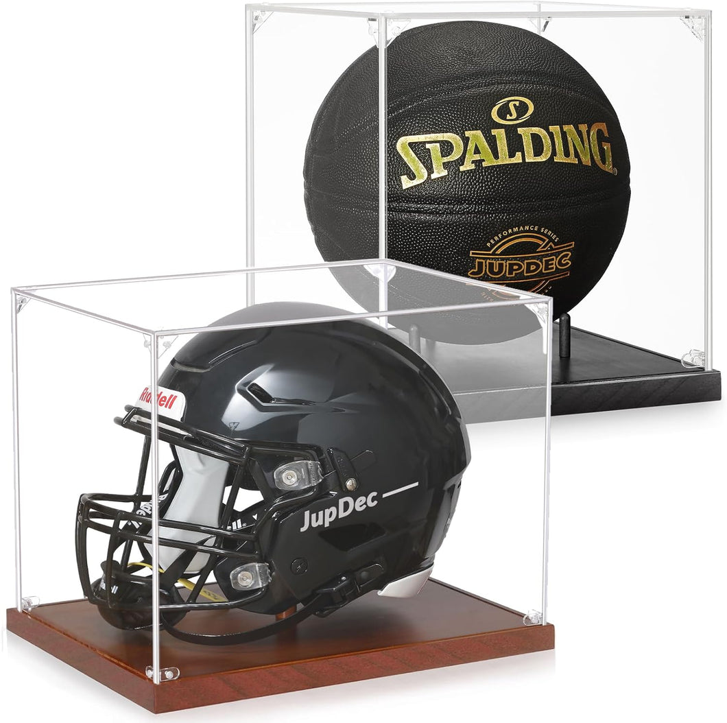 JupDec Basketball & Full Size Helmet Display Case, Large Clear Acrylic Shadow Box with UV Protection Wooden Showcase,Idea Gift for Sports Fans