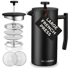 Load image into Gallery viewer, Belwares French Press Coffee Maker 50 OZ - Large Insulated Stainless Steel 304 Coffee Press with Double Wall &amp; 4-Level Filtration System (Black - 1.5L)