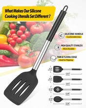 Load image into Gallery viewer, Pack of 4 Silicone Cooking Utensils Set, Non Stick Large Solid Spatulas, Heat Resistant Black Slotted Spoons, Ideal BPA Free Kitchen Turners for Frying, Mixing,Serving,Draining,Turning,Stirring