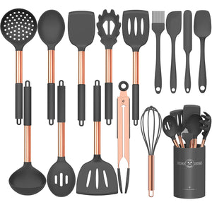 Silicone Cooking Utensil Set, Umite Chef 15pcs Silicone Cooking Kitchen Utensils Set, Non-stick - Best Kitchen Cookware with Stainless Steel Handle - Black
