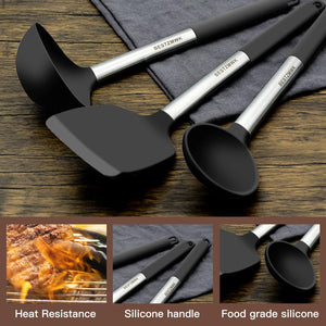 Kitchen Utensils Set-Silicone Cooking Utensils-33pcs Non-Stick Silicone Cooking Kitchen Utensils Spatula Set with Holder-Best Kitchen Cookware with Stainless Steel Handle (Khaki)