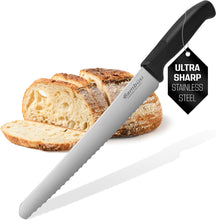 Load image into Gallery viewer, Bread Slicer for Homemade Bread with 10-Inch Serrated Bread Knife – Adjustable Width Bamboo Bread Cutter for Loaves, Bagels, Cakes – Cutting Guide with Crumb Tray