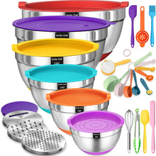 Load image into Gallery viewer, Mixing Bowls with Airtight Lids Set, 26PCS Stainless Steel Khaki Bowls with Grater Attachments, Non-Slip Bottoms &amp; Kitchen Gadgets Set, Size 7, 4, 2.5, 2.0,1.5, 1QT, Great for Mixing &amp; Serving