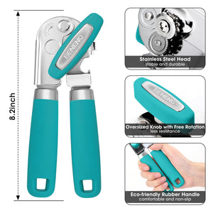 Beneno Can Opener Manual with Magnet, Hand Held Heavy Duty Can Opener with Durable Sharp Blade Smooth Edge, Big Effort-Saving Knob, Soft Grip Rubber Handle, Multifunctional Bottle Opener, Green