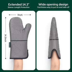 Beneno Non-Slip Silicone Textured Cotton Oven Mitts, Heat Resistant up to 500° F, Flexible Grip with 14.3"x7" Longer Protection, Durable 100% Cotton Oven Mitts for Kitchen & Barbecue, 2-Pack, Gray
