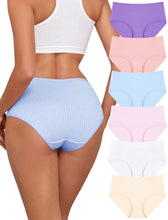 Load image into Gallery viewer, FINETOO Cotton Underwear for Women High Waisted Ribbed Full Coverage Briefs Soft Breathable Moisture Wicking Panties 6 Pack