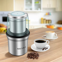 Load image into Gallery viewer, Secura Electric Coffee Grinder and Spice Grinder with 2 Stainless Steel Blades Removable Bowls