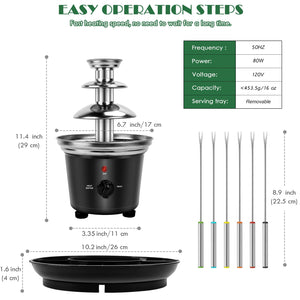 MINI Chocolate Fondue Fountain, 32-Ounce Stainless Steel Electirc Chocolate Fondue Set, 3-Tier Chocolate Melting Foundue Set with 6 Stainless Steel Forks for Chocolate, Butter, Candy (Black)