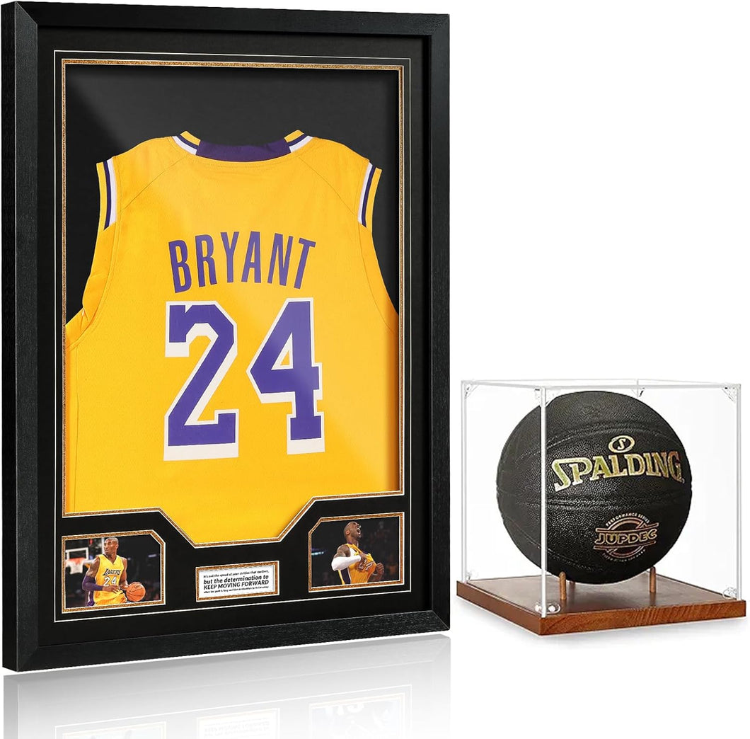 JupDec Jersey Frame & Basketball Display Case, Large Clear Acrylic Shadow Box with UV Protection Wooden Showcase,Idea Gift for Sports Fans