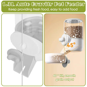 0.9L Hanging Automatic Cat Water Dispenser, 1.3L Auto Gravity Pet Feeder, Cage Cat Dog Food and Water Dispenser Set for Kitten Puppy Bunny Guinea Pig (Gray)