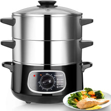 Load image into Gallery viewer, Secura 2 Stainless Steel Food Steamer 8.5 Qt Electric Glass Lid Vegetable Steamer Double Tiered Stackable Baskets with Timer