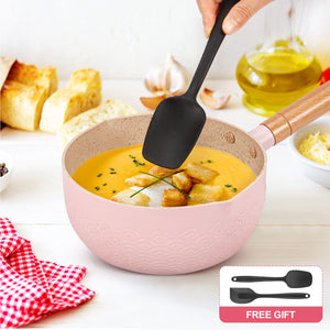 Sauce pan with Lid, 2.1 Quart Nonstick Small Pot, Induction Compatible Aluminum Cooking Pot with Silicone Spatula for Milk, Soup, Pasta, Egg, Rice (PINK)