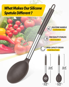 Pack of 2 Large Silicone Cooking Spoons,Non Stick Solid Basting Spoon,Heat-Resistant Kitchen Utensils for Mixing,Serving,Draining,Stirring (BLACK)