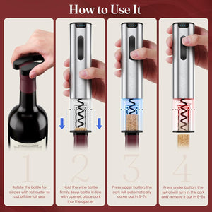 HomeHacks Electric Wine Opener, Automatic Wine Opener with Foil Cutter, Vacuum Stopper, Pourer, Rechargeable Wine Bottle Opener - Party Favor, Christmas Gift for Wine Lover