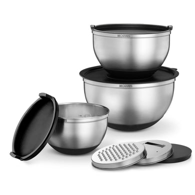 Belwares Mixing Bowls with Lids Set of 5 - Stainless Steel Nesting Bowls with Non-Slip Silicone Bottoms, Airtight Lids & 3 Grater Attachments Kitchen Baking Bowls for Food Prep & Storage (Colorful)