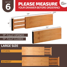 Load image into Gallery viewer, 6 Pack Drawer Dividers 6 Inch High, 11”-17&quot; Adjustable Bamboo Organizers Large Expandable Drawer Separators for Cloths, Dresser, Bedroom, Bathroom, Baby Drawer, Office &amp; Kitchen Utensils (Natural)