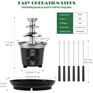 16oz Chocolate Fondue Fountain, 3-Tier MINI Chocolate Fountain with 6PCS Fondue Fork and Removal Fruits/Nuts/Treats Serving Tray for BBQ Sauce,Ranch,Nacho Cheese,Liqueurs