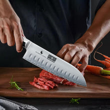 Load image into Gallery viewer, 7 Inch Santoku Knife，Professional Japanese High Carbon Super Steel Chef Knife, Razor Sharp Kitchen Knife with Ergonomic Red Sandal Wooden Handle - Gift Box