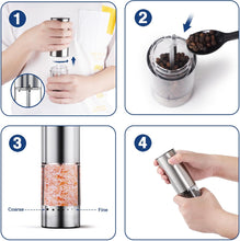 Load image into Gallery viewer, HomeHacks 2 Pack Upgraded 95ml Rechargeable Electric Salt and Pepper Grinder Set, 6 Adjustable Coarseness, High-Grade Stainless Steel, Type-C Charging, LED Light, Silver