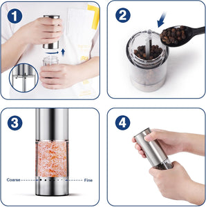 HomeHacks 2 Pack Upgraded 95ml Rechargeable Electric Salt and Pepper Grinder Set, 6 Adjustable Coarseness, High-Grade Stainless Steel, Type-C Charging, LED Light, Silver