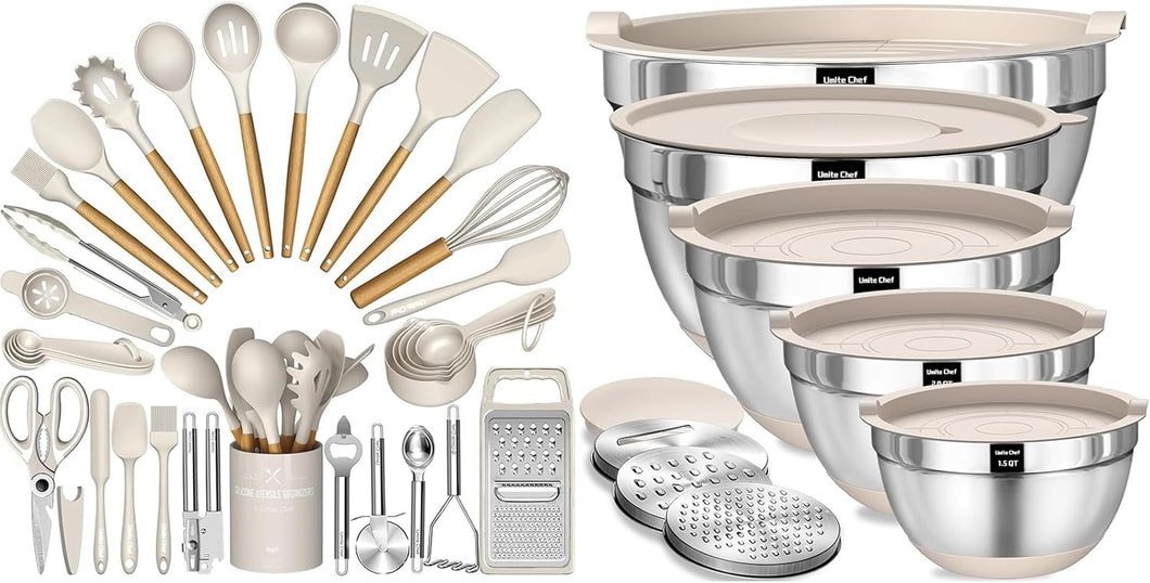 Umite Chef Mixing Bowls with Airtight Lids Set with Grater Attachments Silicone Kitchen Utensil Set