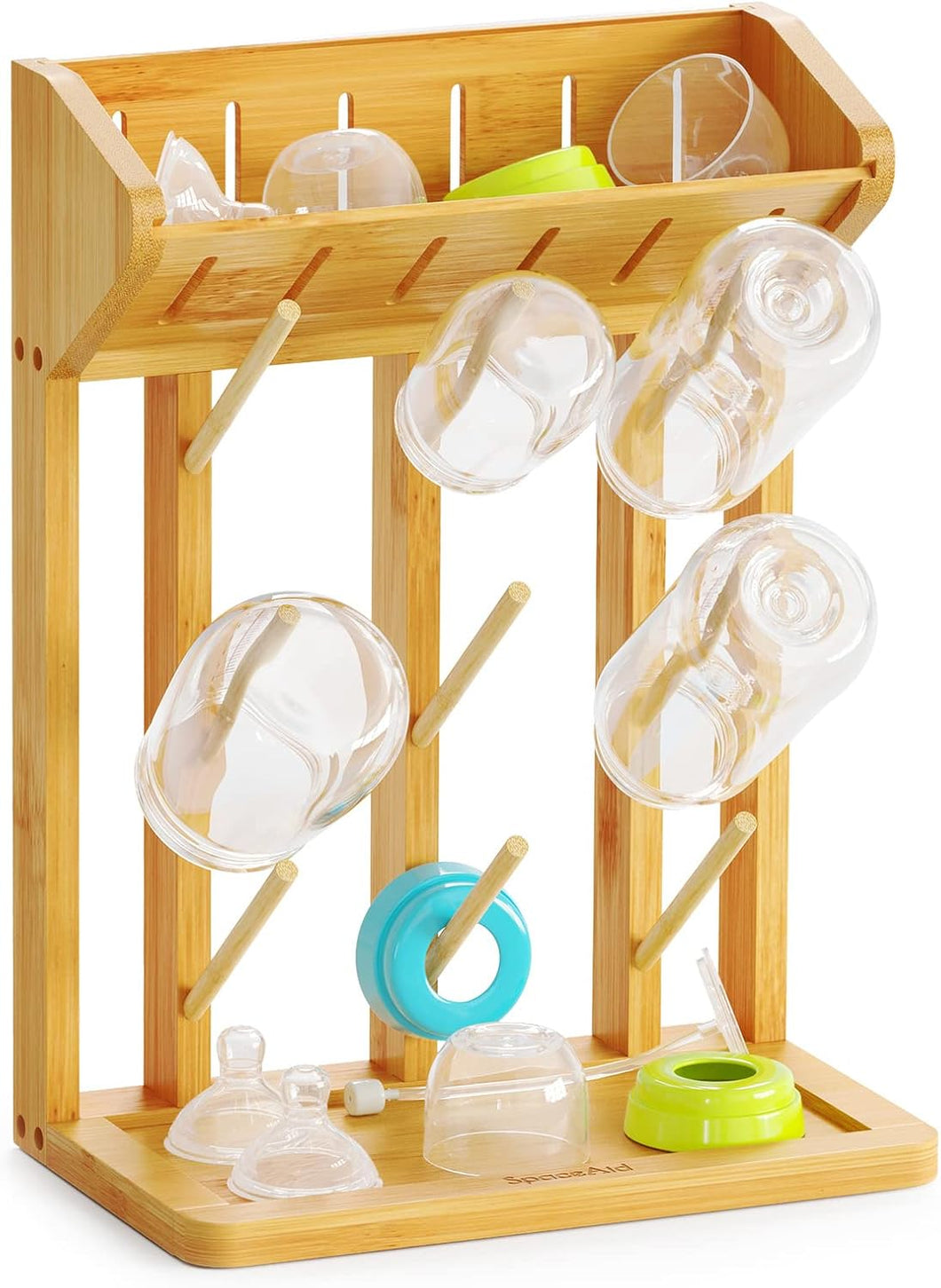 SpaceAid Bamboo Baby Bottle Drying Rack, Space Saving Kitchen Bottles Holder Organizer for Baby Bottle Rack Dryer Storage Accessories (Natural, 9 Bottles)