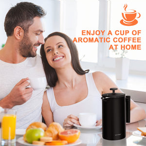 Secura French Press Coffee Maker, 304 Grade Stainless Steel Insulated Coffee Press with 2 Extra Screens, 34oz (1 Litre), Silver