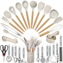 Load image into Gallery viewer, Kitchen Utensils Set- 35 PCs Cooking Utensils with Grater,Tongs, Spoon Spatula &amp;Turner Made of Heat Resistant Food Grade Silicone and Wooden Handles Kitchen Gadgets Tools Set for Nonstick Cookware