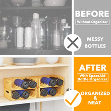 Load image into Gallery viewer, SpaceAid Bamboo Water Bottle Organizer with Labels for Kitchen and Pantry, Storage Rack for Cabinets, Home Cup and Wine Bottle Holder Shelf Organizers, 2 Pack 3-Slot, Hold 6 Bottles