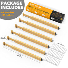 Load image into Gallery viewer, SpaceAid Bamboo Drawer Dividers with Labels, Kitchen Adjustable Drawer Organizers, Expandable Organization for Home, Office, Dressers and Bathroom, 6 Dividers (17-22 in)