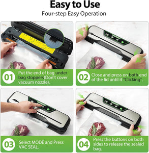 Automatic Food Vacuum Sealer Machine | Beelicious Pro 80KPa 8-In-1 Food Vacuum Saver with Starter Kits | 15 Bags, Pulse Function, Moist&Dry Mode and External VAC for Jars and Containers