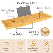Load image into Gallery viewer, Bathtub Tray Caddy - Premium Bamboo Expandable Bath Tub Tray Table, Luxurious Wooden Bath Caddy for Books, Tablets, Wine, Bathroom Accessories, Spa Essentials, Housewarming, Wedding