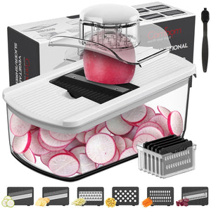 Mandoline Slicer Vegetable Slicer With 2 L Container for Potatoes, Tomatoes, Cucumbers, Carrots With 10 Blades White