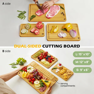 Bamboo Cutting Board, Durable Wood Cutting Boards for Kitchen with Deep Juice Grooves & Built-in Handles, Ideal Charcuterie & Chopping for Meat, Vegetables and Fruits Ideal Kitchen Gifts