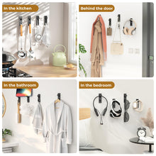 Load image into Gallery viewer, Self-Adhesive Wall Hooks - 4 Pack, Black Metal Coat &amp; Towel Hooks for Hanging: Hold 13 LB, Ideal for Bathrooms, Shower, Kitchen &amp; Doors