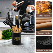 Load image into Gallery viewer, Kitchen Cooking Utensils Set, 14 Non-Stick Silicone Cooking Kitchen Utensils Spatula Set with Holder, Wooden Handle Silicone Kitchen Gadgets Utensil Set for Nonstick Cookware(Black)