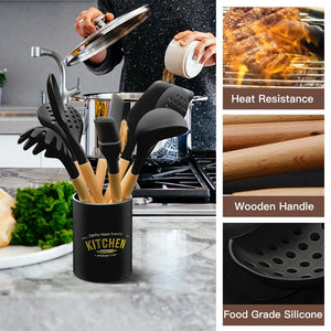 Kitchen Cooking Utensils Set, 14 Non-Stick Silicone Cooking Kitchen Utensils Spatula Set with Holder, Wooden Handle Silicone Kitchen Gadgets Utensil Set for Nonstick Cookware(Black)