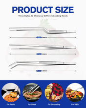 Load image into Gallery viewer, Fine Cooking Tweezers Set, Professional Stainless Steel Food Tongs, Kitchen Black Long Chef Tweezer for Cooking, Plating, Decorating and BBQ (BLACK, 10 inch)