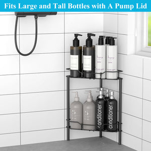 4 Tier Floor Standing Corner Shower Caddy Organizer Shelf with Hooks, Bathroom Shelves Stand Rack, Black
