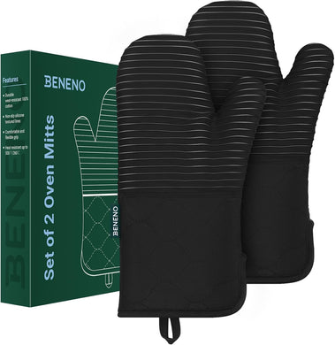 Beneno Non-Slip Silicone Textured Cotton Oven Mitts, Heat Resistant up to 500° F, Flexible Grip with 14.3