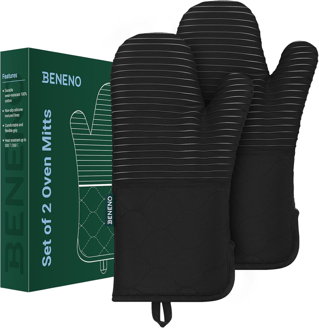 Beneno Non-Slip Silicone Textured Cotton Oven Mitts, Heat Resistant up to 500° F, Flexible Grip with 14.3