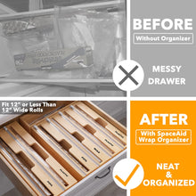 Load image into Gallery viewer, SpaceAid WrapNeat 3 in 1 Wrap Organizer with Cutter and Labels, Plastic Wrap, Aluminum Foil and Wax Bamboo Dispenser for Kitchen Storage Organization Holder for 12&quot; Roll (Natural)