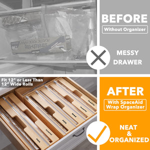 SpaceAid WrapNeat 3 in 1 Wrap Organizer with Cutter and Labels, Plastic Wrap, Aluminum Foil and Wax Bamboo Dispenser for Kitchen Storage Organization Holder for 12" Roll (Natural)