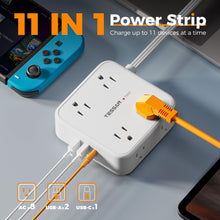 Load image into Gallery viewer, Surge Protector Flat Extension Cord Flat Plug Power Strip, 8 AC Outlets, 3 USB Charger(1 USB C Port) 3-Sided Outlet Extender, 5 Ft, 900 Joules Protection, Office Supplies, Dorm Room Essentials, Grey