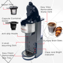 Load image into Gallery viewer, Mixpresso Single Serve Coffee Brewer K-Cup Pods Compatible &amp; Ground Coffee, 30 oz Compact Coffee Maker Single Serve With 5 Brew Sizes Up To 14 Oz, Fits Travel Mug, Adjustable Drip Tray, Black