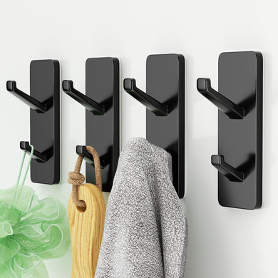 Self-Adhesive Wall Hooks - 4 Pack, Black Metal Coat & Towel Hooks for Hanging: Hold 13 LB, Ideal for Bathrooms, Shower, Kitchen & Doors
